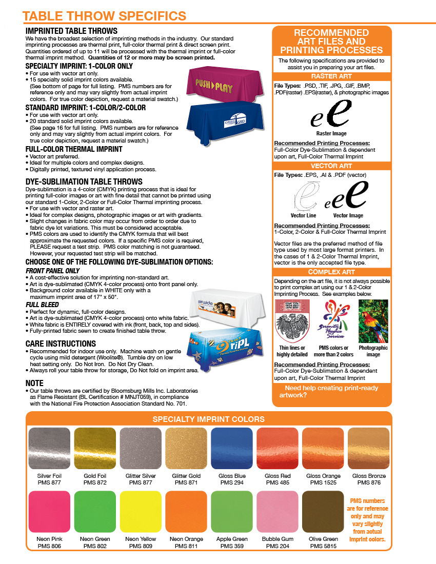Specifications for table covers, graphics and colors